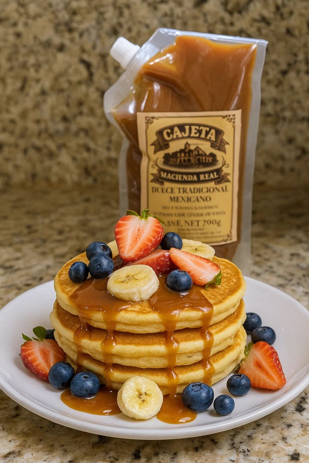 Breakfast with pancakes and caramel